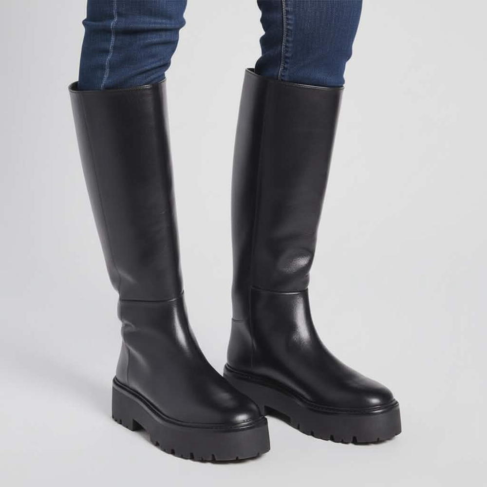 Black Suede Studio Black Cowhide Leather Harper Lug Sole Knee High Boots Size 7